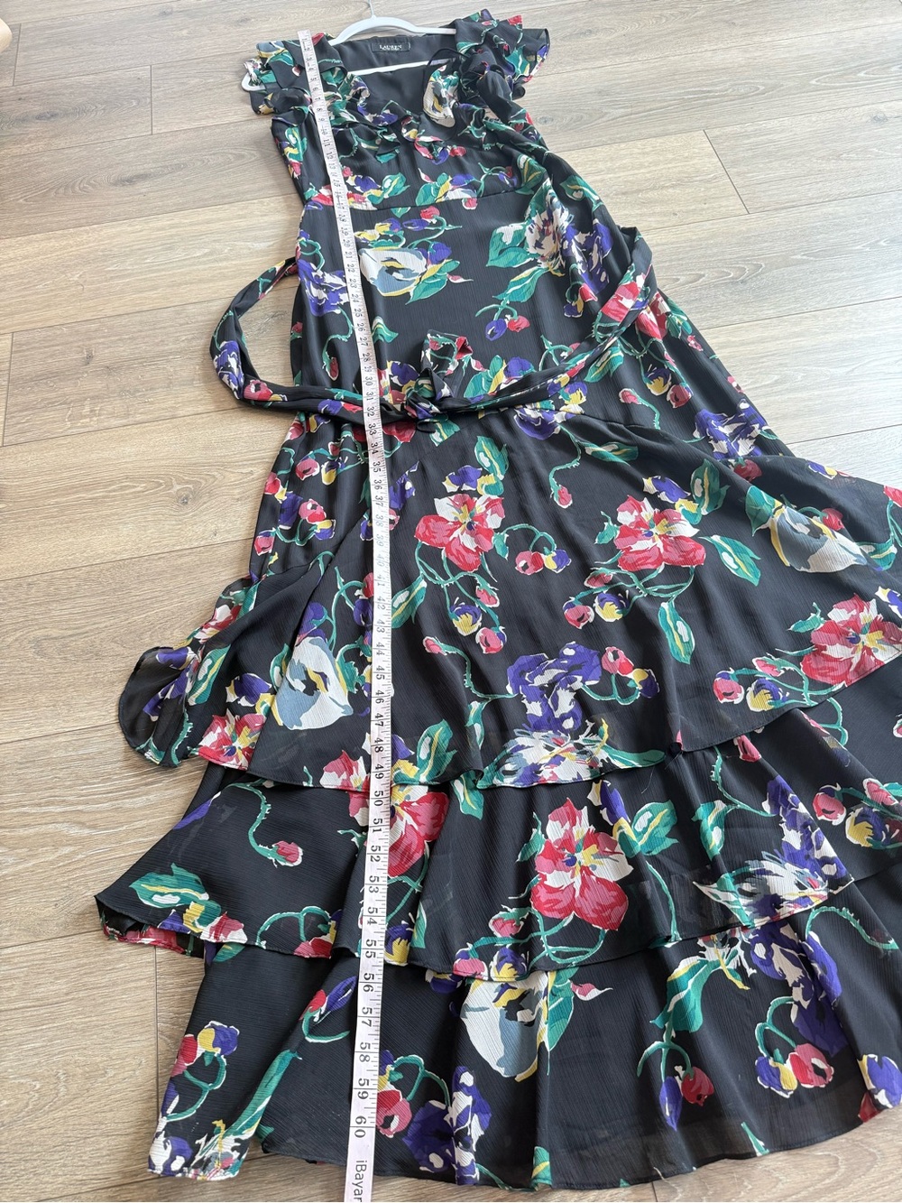 Lauren Ralph Lauren Black Floral Ruffle-Trim Georgette Gown Size 6 - Picture 12 of 14